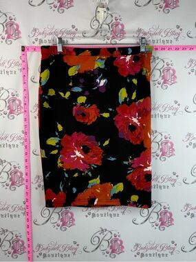 Grace Pencil Skirt Flowy Colourful Black with Red, Orange, Yellow Floral Print